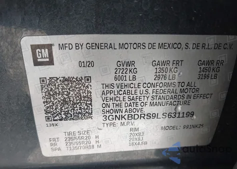 2020 Chevrolet Blazer Fwd 3Lt из США, поврежденный, VIN 3GNKBDRS9LS631199